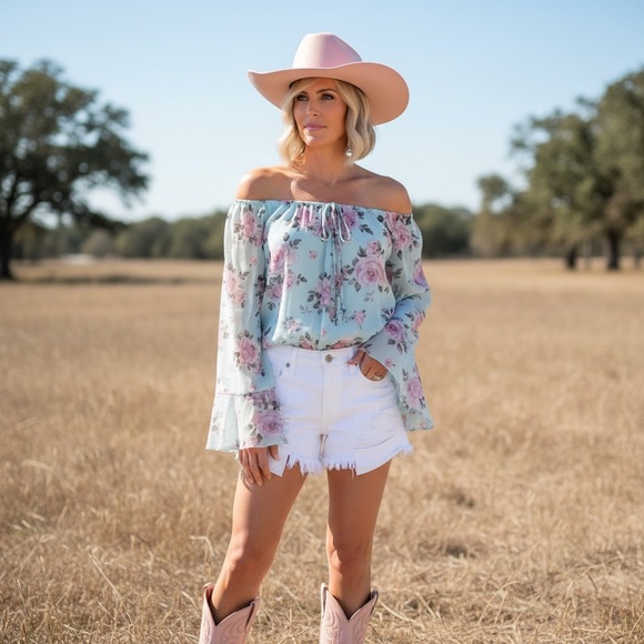 PEACH LOVE CALIFORNIA floral print bodysuit sheer bell sleeve size Large - Picture 10 of 16